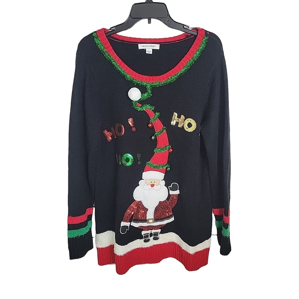 99 Jane‎ Street Black Santa Claus XMAS Sequin Knit Pullover Sweater Size Large
